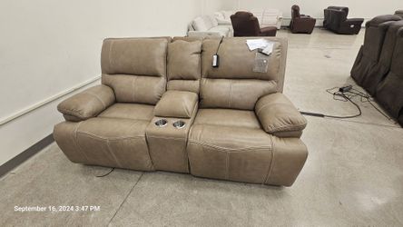 Dual Power Leather Reclining Loveseat with Console