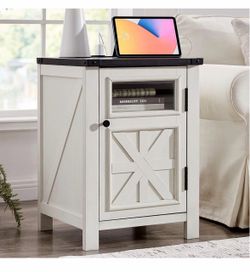 JXQTLINGMU Farmhouse End Table with Charging Station, 18'' Rustic Nightstand with Barn Door & Adjustable Shelf, Wooden Sofa Side Table with 3-Tier Sto