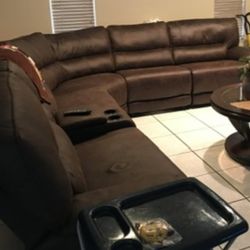 Large Sectional Brown Suede & Recliners 