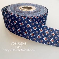 5 Yds of 1 3/8” Vintage Navy Cotton Ribbon w/Flowers #061722H5
