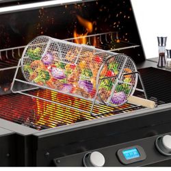 Rotatable Rolling Grill Baskets, 304 Stainless Steel, Even Cooking Nesting Grilling Net, BBQ Accessories Tools for Vegetables Shrimp, Outdoor Camping,