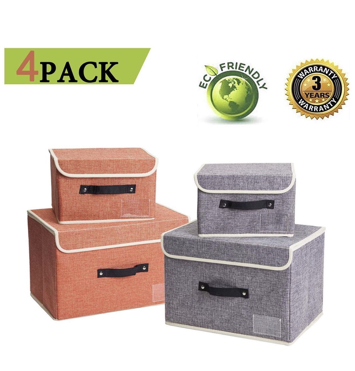 Home 4 Pack Storage Bins Boxes Linen Collapsible Cube Set Organizer Basket with Lid & Handle, Foldable Fabric Containers for Clothes, Toys, Closet, O