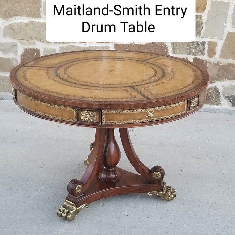 Vtg Maitland Smith French Empire Regency Leather Top Brass Feet Center Drum Entry Table