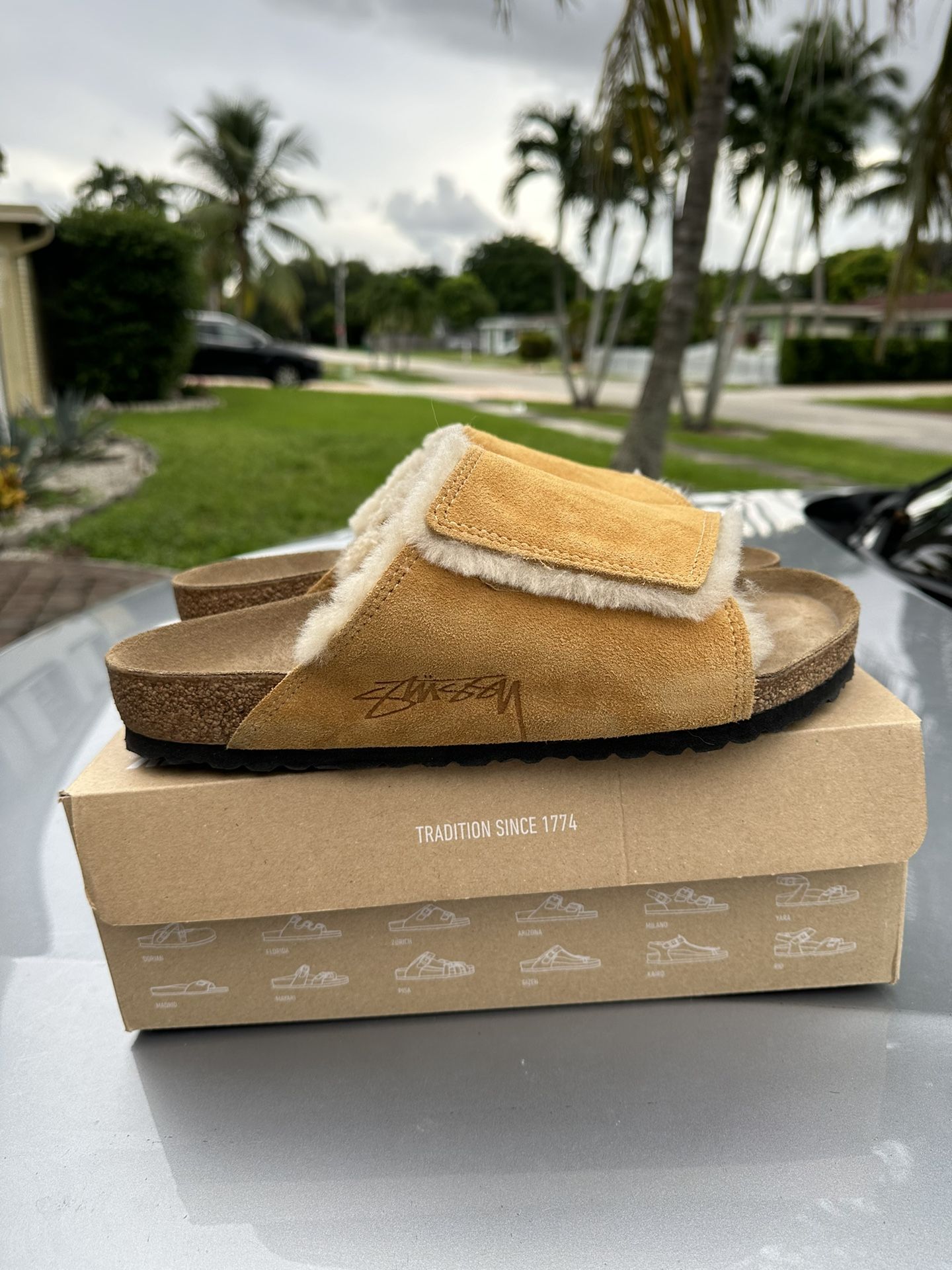 Birkenstock x Stussy Solana Shearling Caramel Sz 10 Men