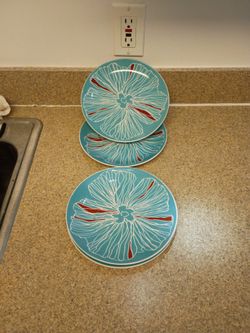 Ikea Bullra Set of 4 Salad Plates Aqua Blue Red Flowers