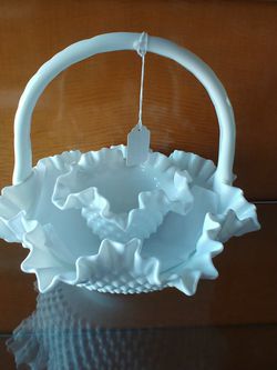 Vintage Fenton Large White Milk Glass Basket Hobnail Pattern Ruffled With Handle