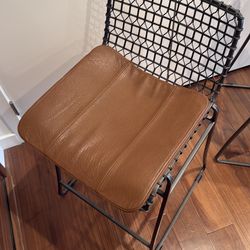 PAIR (2) Crate & Barrel Tig Metal Bar Stools w/ Leather Seat Cushions