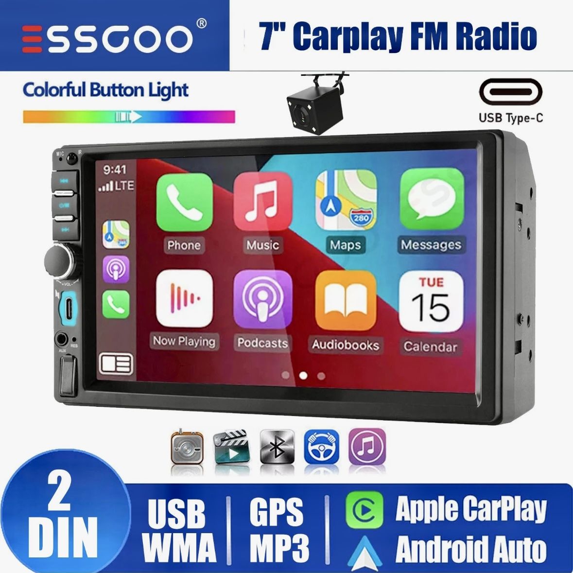 7" Double Din Wireless Apple Car Stereo Carplay & Android Auto Play BT Radio