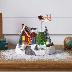 Christmas Village House with Animated Rotating Santa & Sleigh Pre-Lit LED