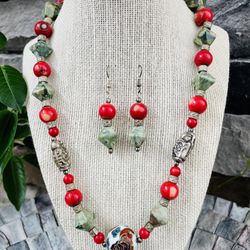 Rhyolite, Bamboo Coral and Antique Silver Necklace Set
