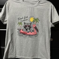 New. Women’s Size Large Feral Girl Summer Raccoon Graphic Shirt 