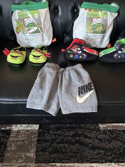 NINJA TURLE SHEETS FOR TODDLER BED BRAND NEW NO QUILT  $18 Each MARIO SLIPPERS AND NINJA TURTLE SLIPPERS SIZE 11/12 $ 7 Each NIKE SHORTS SIZE 4T $5