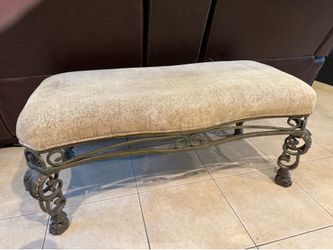 Traditional Baroque Upholstered Wrought Iron Bench with Claw Feet
