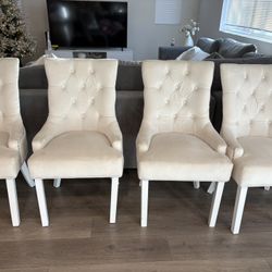 Set Of 4 White/ Cream Velvet Upholstered Dining Chairs