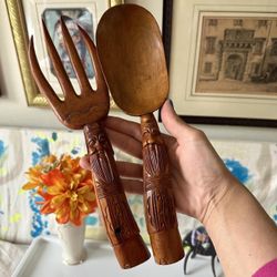 vintage mid century modern oversized hand carved wooden decorative salad fork & spoon 