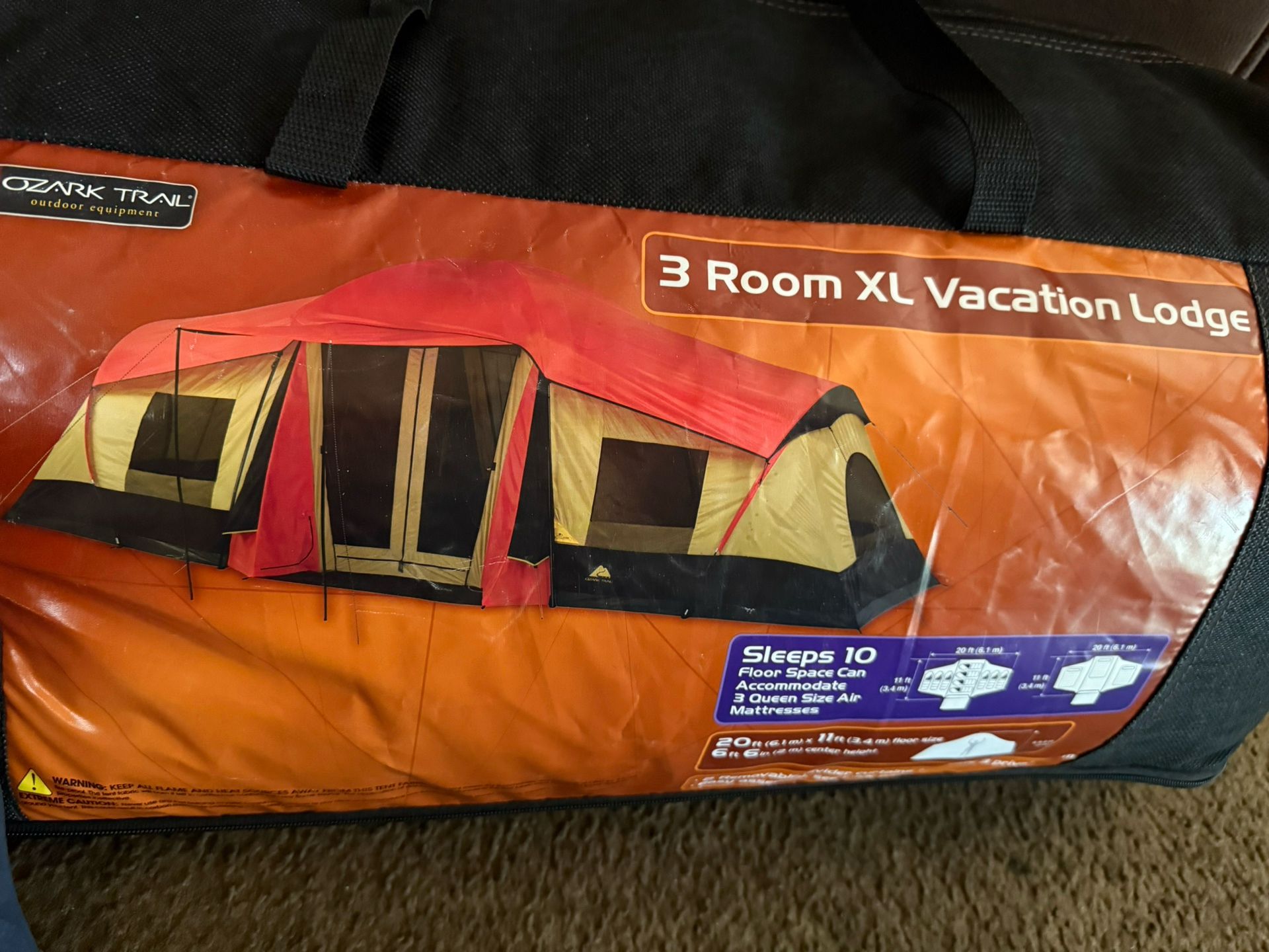 New 3-Room Tent, New 2 Full Air Mattresses With 2 Electric Air Pumps, 2 New Folding Chairs, Portable Toilet, Etc…