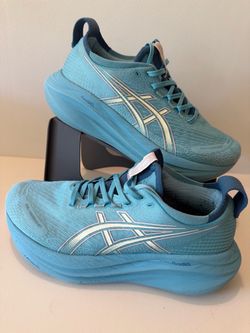 ASICS Gel-Nimbus 27 in this specific "Stillwater/Cream" colorway