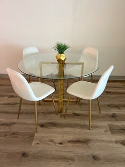 Modern Glass Round Dining Table Set w/ 4 Velvet Chairs Gold Base