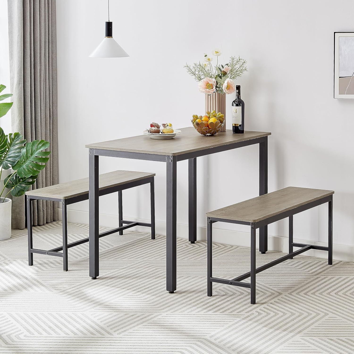 Dining Table Set, 3 Piece Bar Table Set with 2 Dining Benches, Kitchen Table Counter with Chairs, Kitchen Breakfast Table, Table and Chairs Set of 3 f