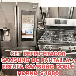  BONITO SET DE REFRIGERADOR  DE PANTALLA STEEL Y ESTUFA BOBLE HORNO SEMI NUEVO 