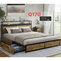 Q170 Queen Size Platform Bed Frame with 4 Storage Drawers & Charging Stations, Metal Bed Frame with Headboard Shelf, Noise Free, Rustic Brown 