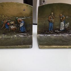 1925 Kronheim & Oldenbusch The Gleaners Hand Painted Brass Bookends