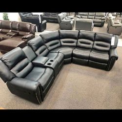 Black leather recliner sectional sofa set 