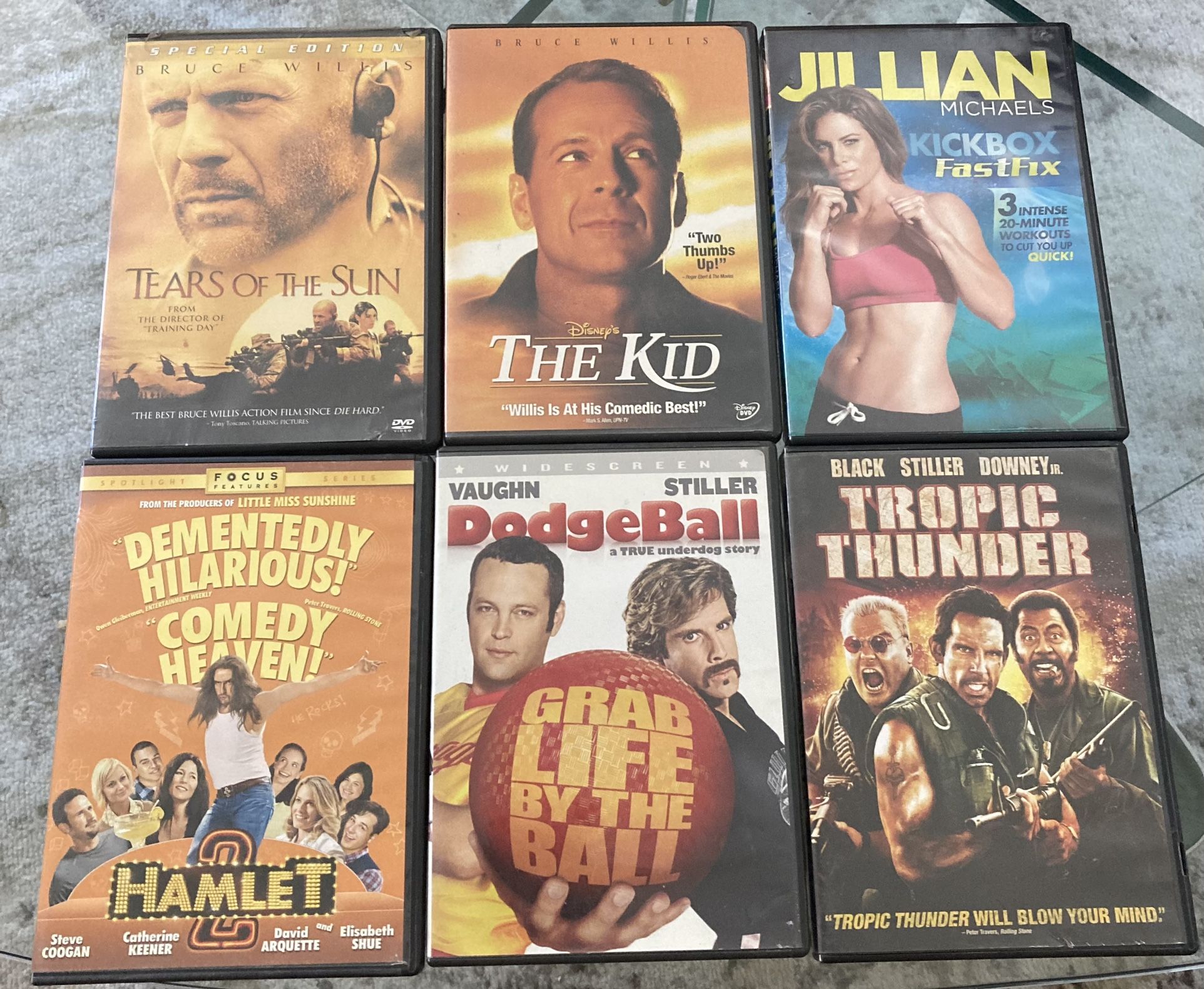 6 DVD Movie Lot Tropic Thunder Dodgeball Hamlet 2 Tears Of The Sun The Kid Jillian Michaels Kickbox Fastfix . All dvds are adult owned , no scratches