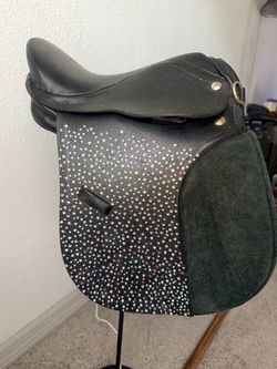 Black Leather Dressage Saddle with Rhinestone Design