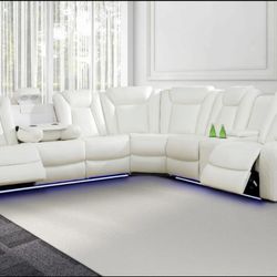 Power Electric White Leather Fully Reclining Sectional Couch 