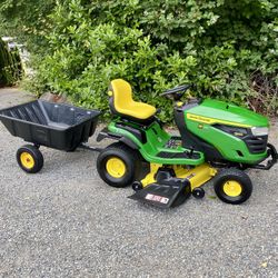 LIKE NEW!! John Deere S160 Riding Lawn Mower 24HP V-Twin with 48 in Deck and Dump Cart Trailer 