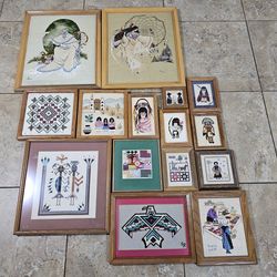 16 Vintage Eleanor Reynolds Hand Cross Stitch Art Picture Frame Native American Country Farm And Other Themes