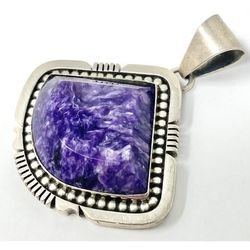 KB Signed Native American Tribal Purple Charoite Sterling Silver Pendant