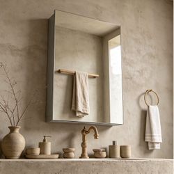 20"x26" Farmhouse Medicine Cabinet for Bathroom, Silver Mirror with Storage, Tempered Glass, Frameless Recessed or Wall Mount Aluminum, Pre-Assembled