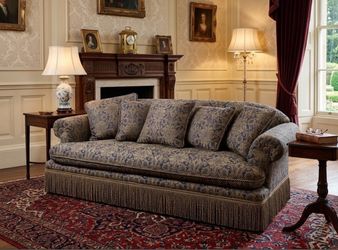 Traditional Damask Sofa with Fringe Trim