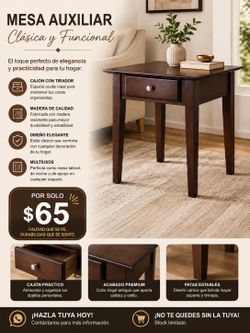 Mesa Auxiliar Clásica de Madera con Cajón – Color Nogal