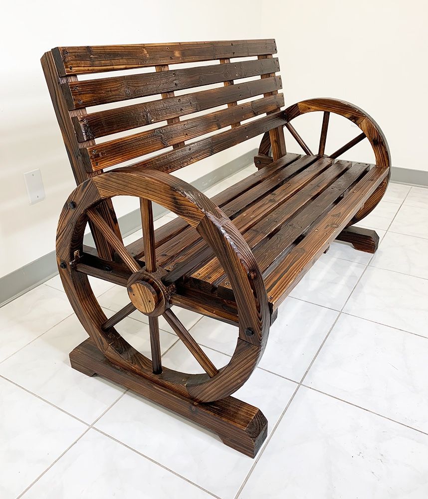 $110 (New) Large 50” wooden wagon bench rustic wheel for patio garden outdoor 50x23x34”