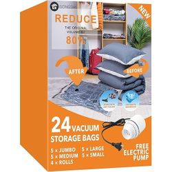 24 Pack Vacuum Storage Bags with Electric Pump, (5 Jumbo, 5 Large, 5 Medium, 5 Small, 4 Roll Up Bags) Space Saver Bag for Clothes, Mattress, Blanket, 