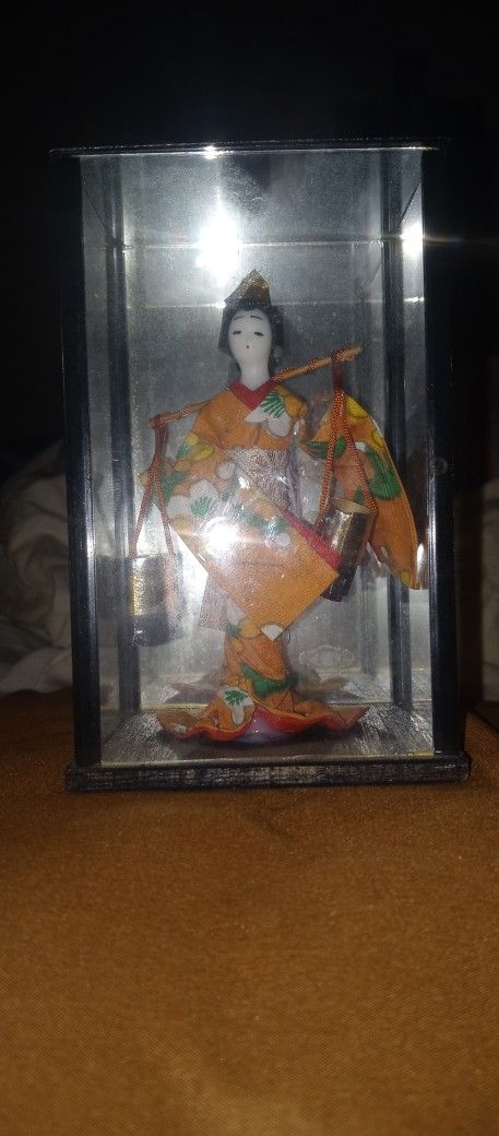 Vintage Japanese Figurine In Small Glass Case