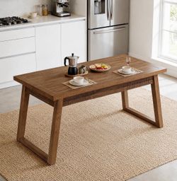 Rectangular Dining Table with Drawer, Walnut Finish, MDF Tabletop and Solid Wood Legs, Seats 4 to 6 people
