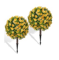 Grewyear Fall Artificial Topiary Ball with Spike Set of 2, Faux Boxwoods for Outdoor Planters, UV Resistant Artificial Outdoor Plants for Porch, Fake