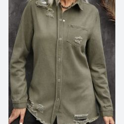 Distressed Snap Down Olive Denim Jacket, M