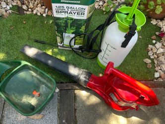 Toro Leaf Electric Blower with Large 1.25 gal garden sprayer and Scott’s lawn seed spreader