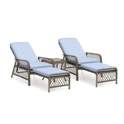 3-Piece Gray Wicker Rattan Outdoor Chaise Lounge, Patio Lounge Chairs 5 Position with Blue Cushions and Coffee table