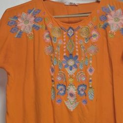 Solitaire Women's Orange Embroidered Peasant Blouse 