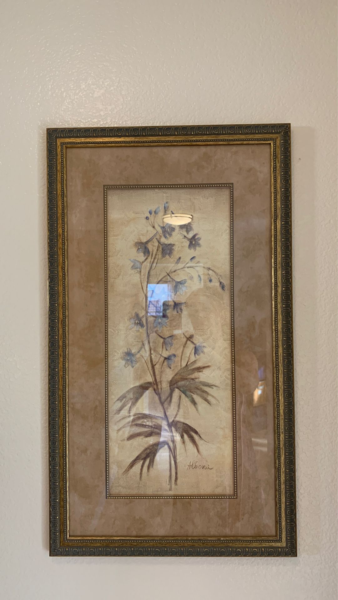 Home decor. Picture with blue flowers gold frame