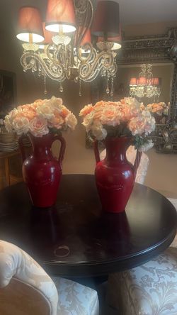 Big Beautiful Red Vases With Pink And White Roses 