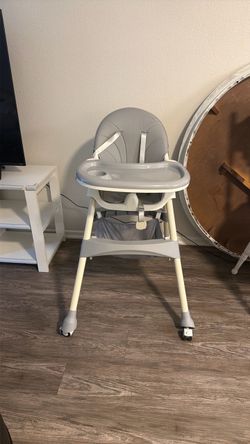Gray Baby High Chair with Tray and Wheels