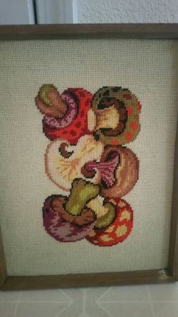 Vintage framed neddlepoint mushroom art