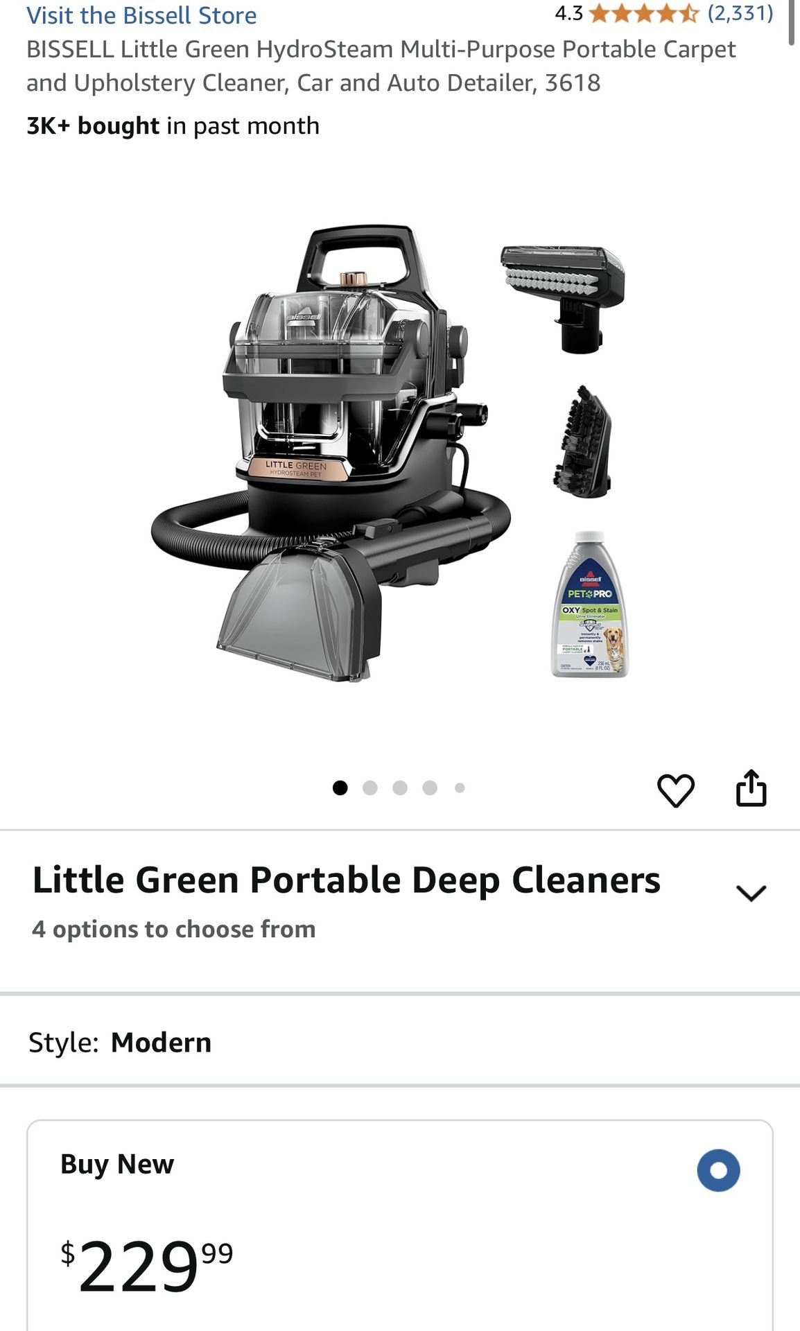 BISSELL Little Green HydroSteam Multi-Purpose Portable Carpet and Upholstery Cleaner, Car and Auto Detailer, 3618
